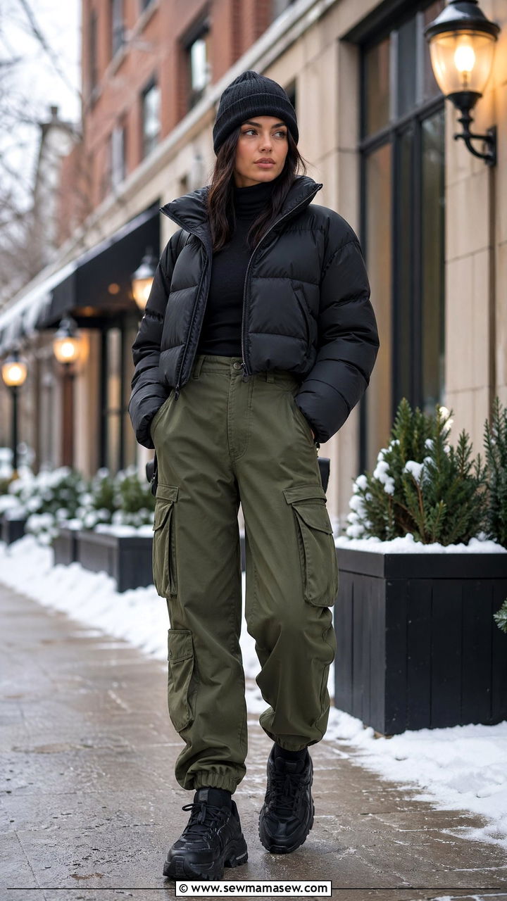 Cropped Puffer Jacket With Cargo Pants - 35 Streetwear outfit ideas