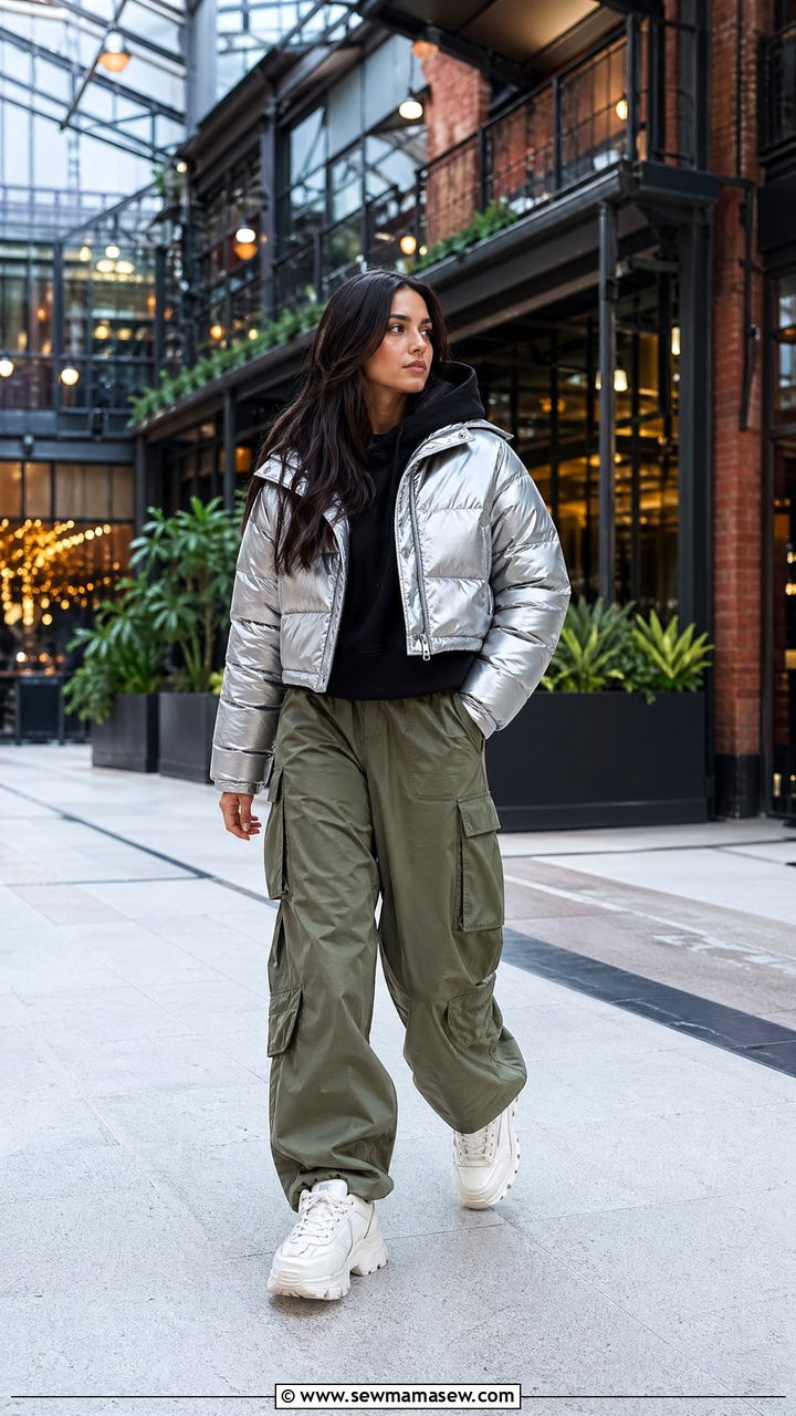Cropped Puffer Jacket With High Waisted Cargo Pants And Chunky Sneakers - 35 Warsaw outfit ideas