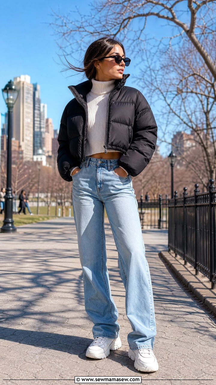 Cropped Puffer Jacket With High Waisted Jeans And Chunky Sneakers - 35 Windy spring outfits