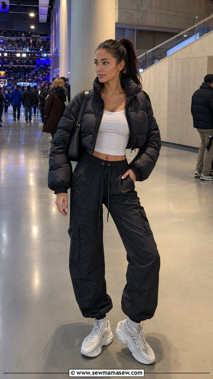 Cropped Puffer Jacket and Parachute Pants - 30 Basketball game outfit ideas