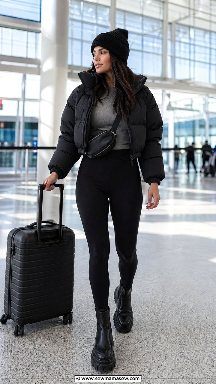 Cropped Puffer Jacket with High Waisted Leggings - 40 airport outfits ideas