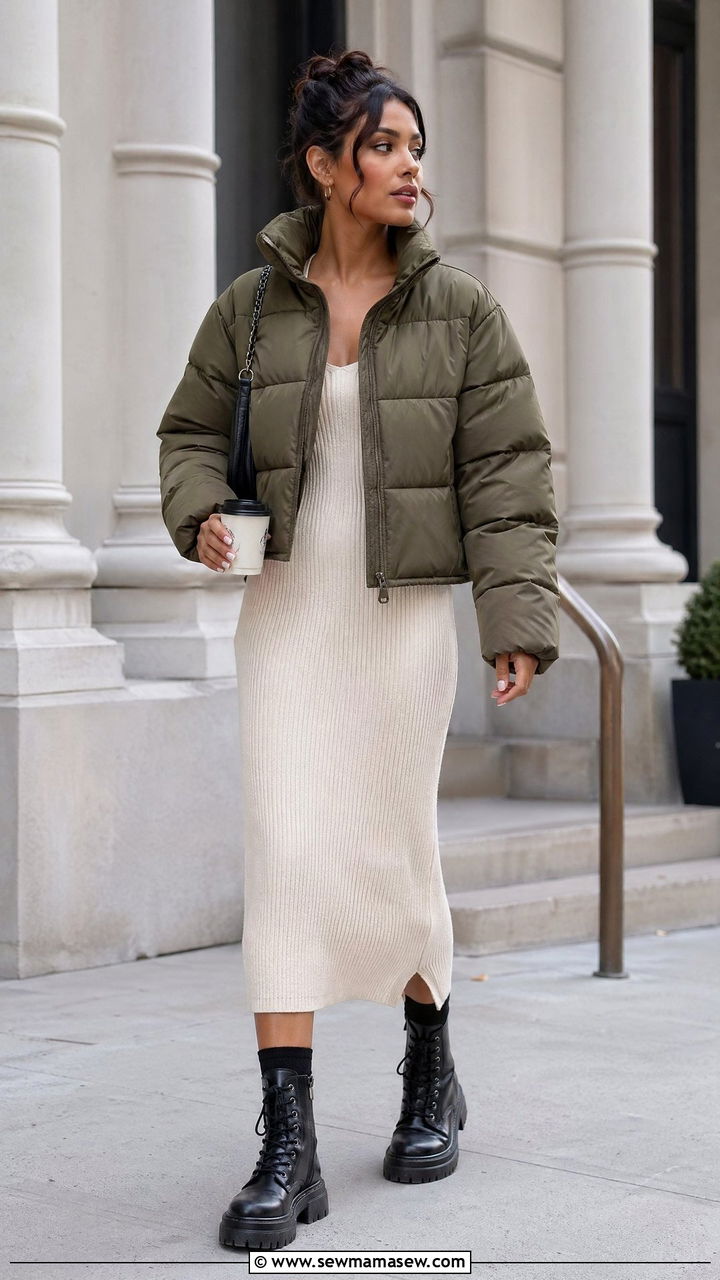 Cropped Puffer Jacket with Ribbed Knit Dress Outfit - 35 transitional chic outfit ideas