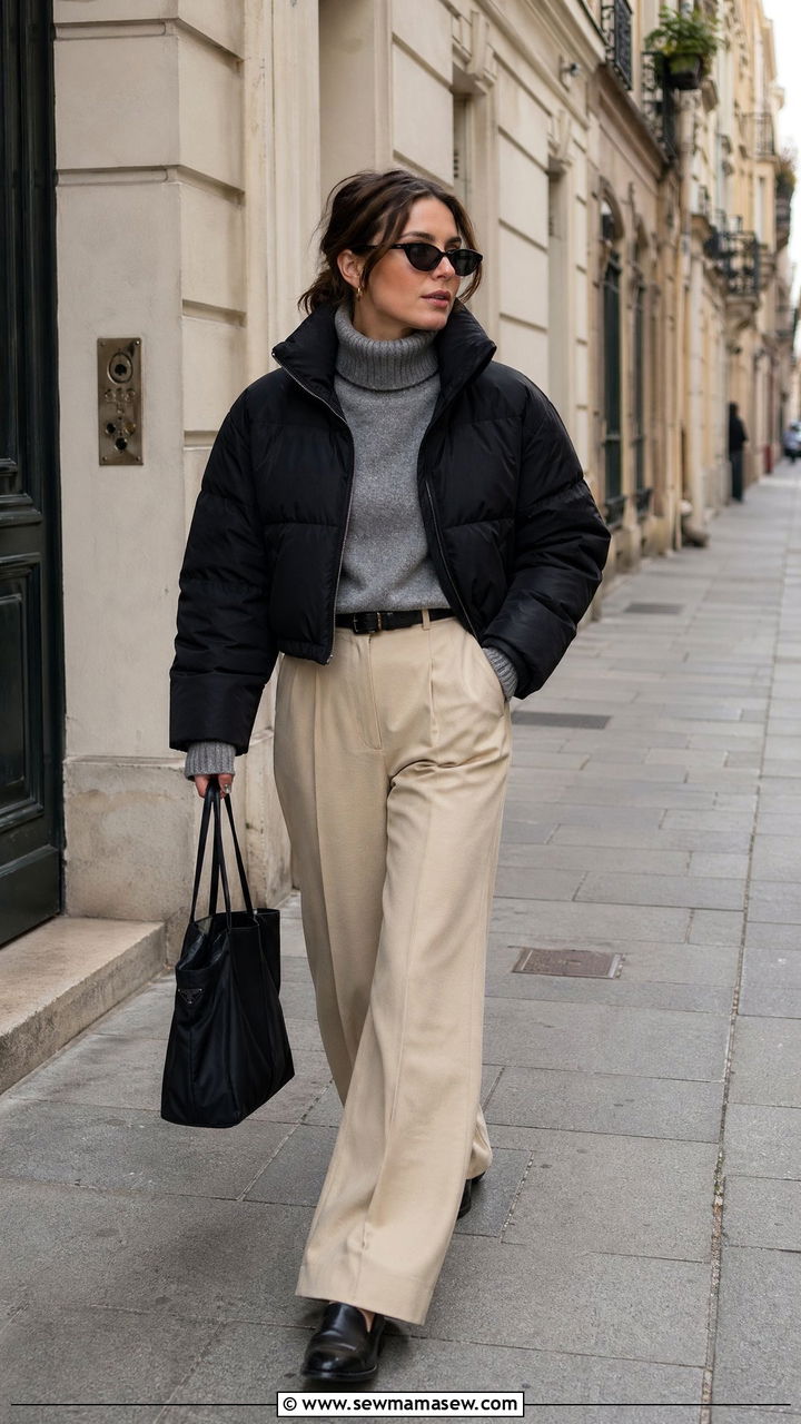 Cropped Puffer With High Waisted Trousers - 35 Cold spring outfits