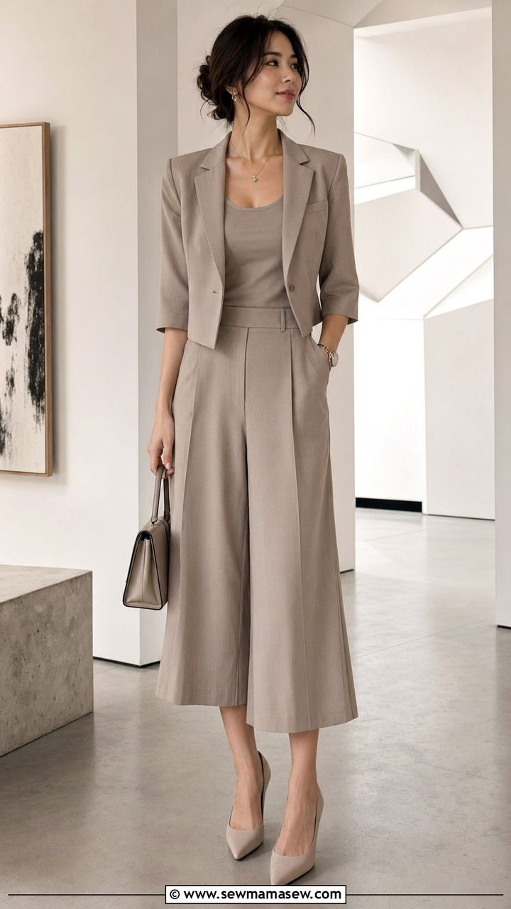 Cropped Sleeve Blazer with Culottes Outfit - 30 Best blazers for petite women