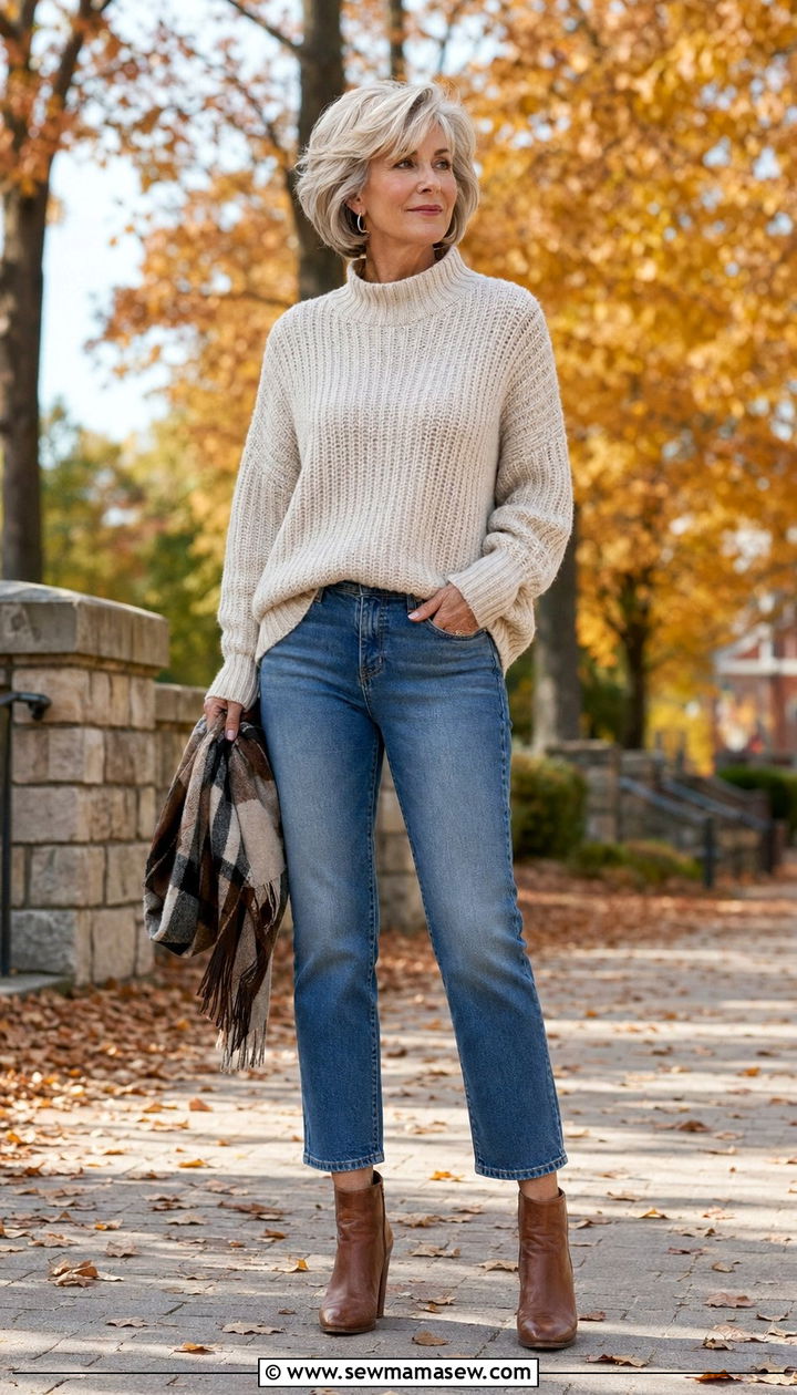 Cropped Straight Jeans With Chunky Knit And Ankle Boots - 30 Best jeans for women over 60