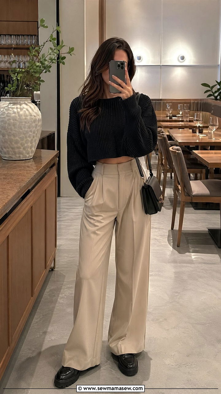 Cropped Sweater And High Waist Wide Leg Pants - 35 casual wide leg pants outfits