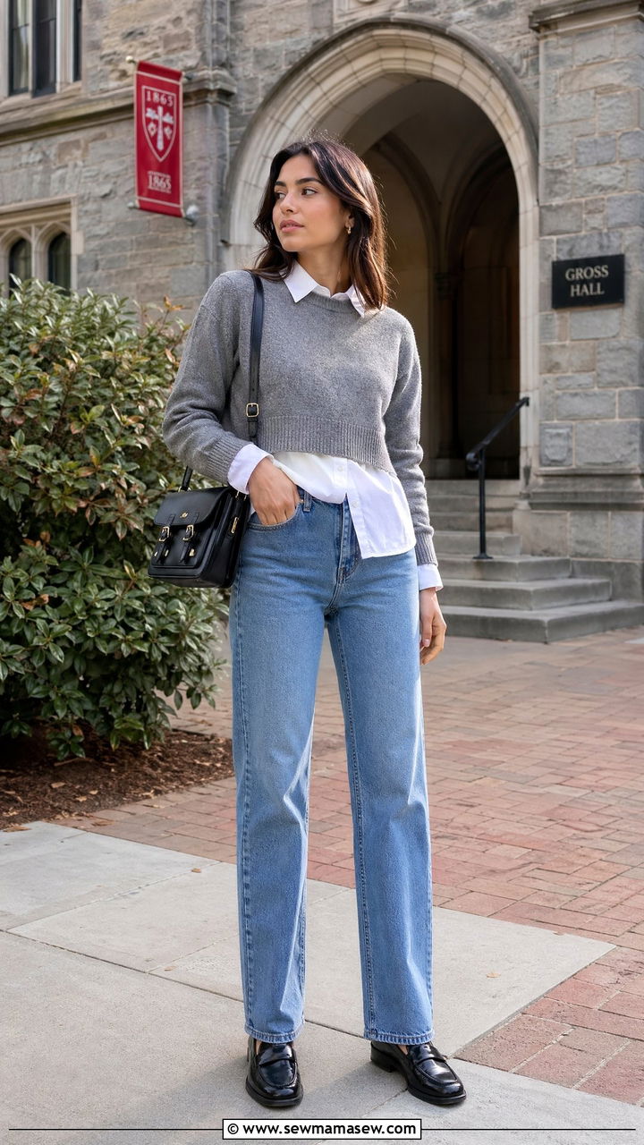 Cropped Sweater Layered Over Button Down Shirt - 35 Cropped sweater outfit ideas