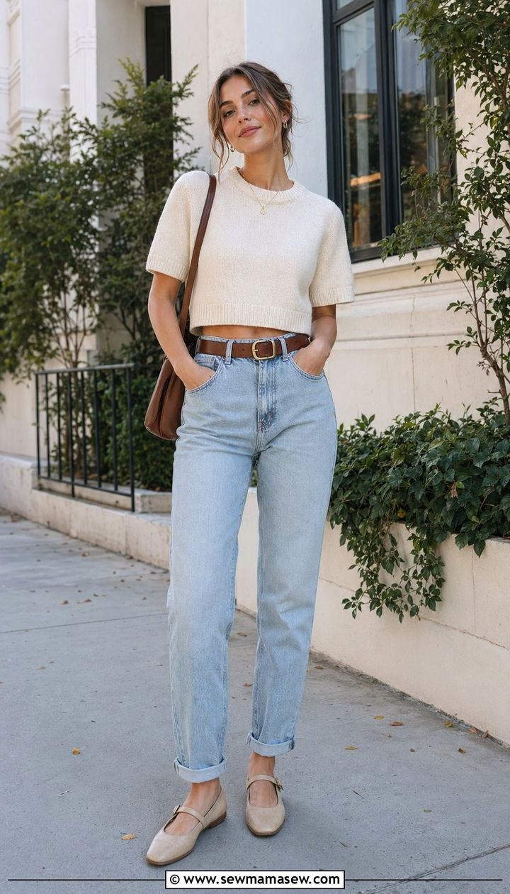 Cropped Sweater With Mom Jeans And Mary Janes - 35 Petite outfit ideas with jeans
