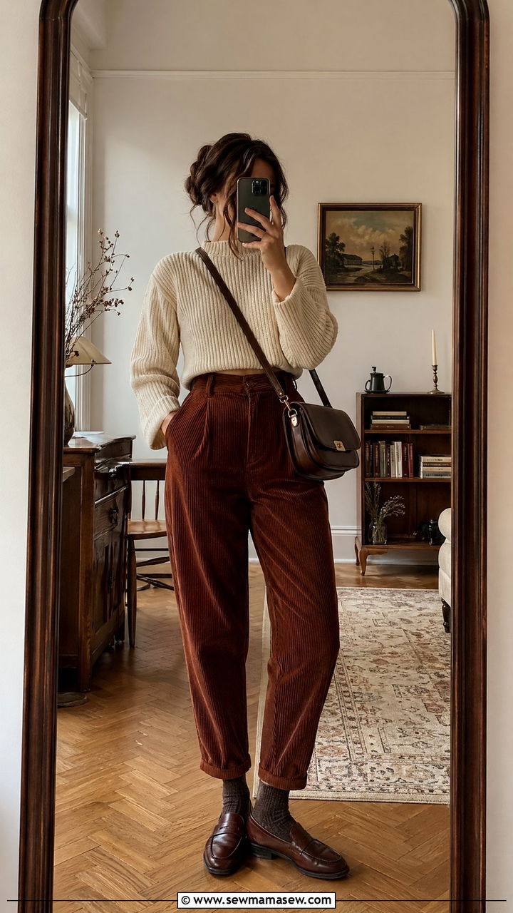 Cropped Sweater and Corduroy Trousers with Leather Loafers - 35 dark academia outfits