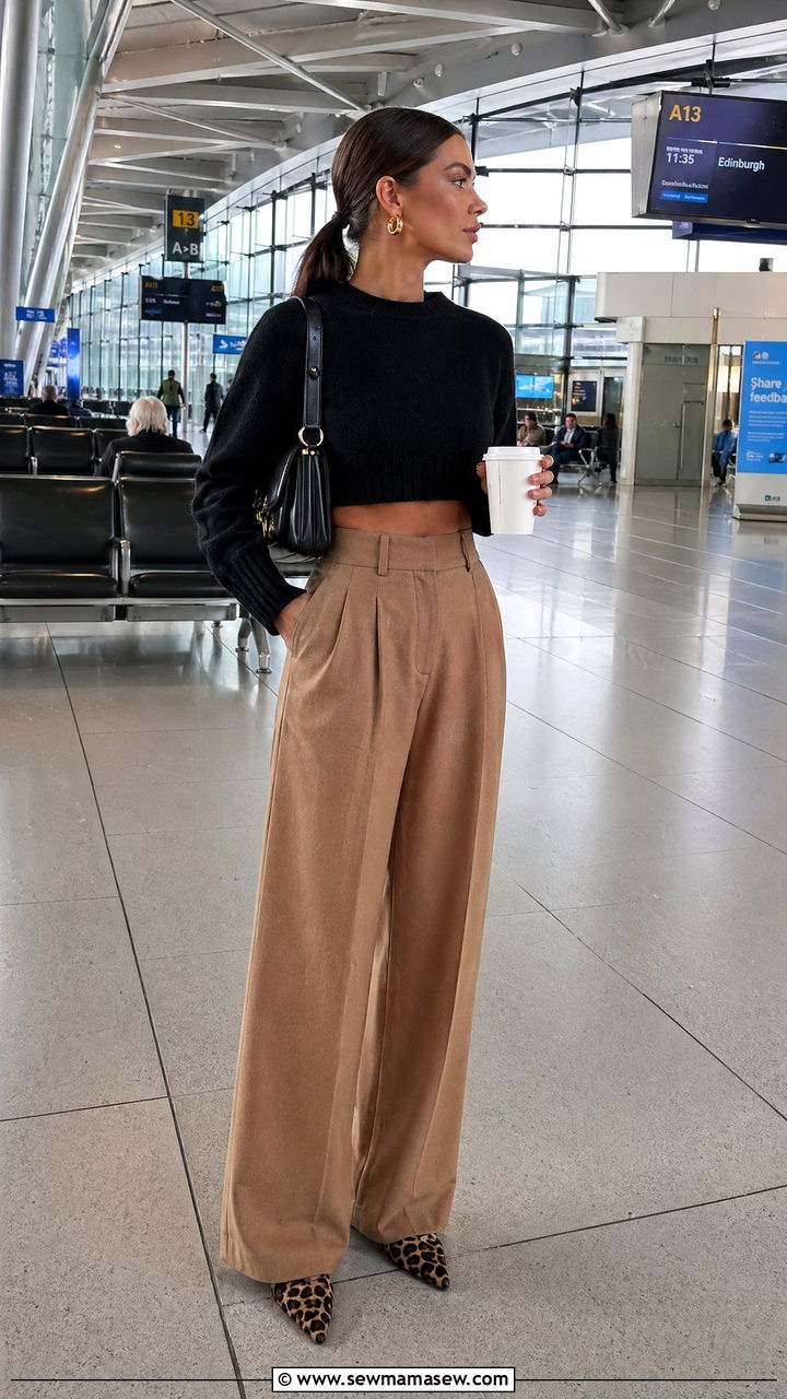 Cropped Sweater and High Waist Trousers Airport Outfit - 35 classy airport outfit ideas