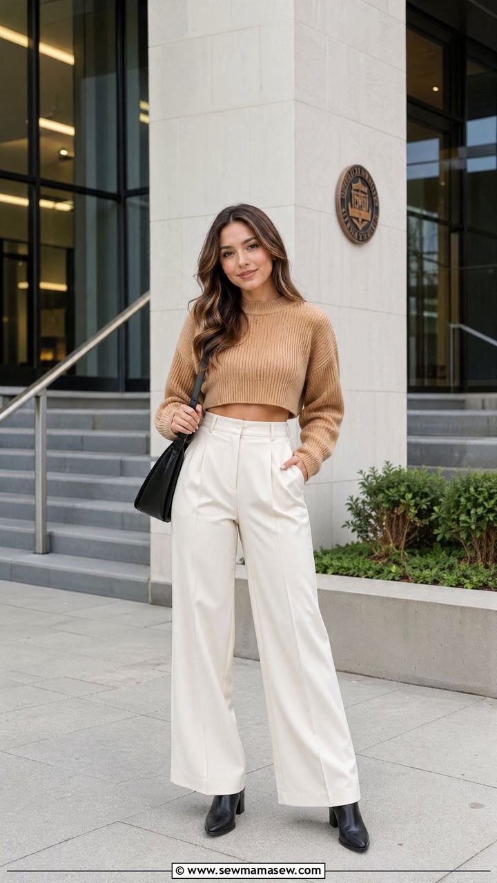 Cropped Sweater and High Waisted Trousers with Ankle Boots - 35 Cute college outfit ideas