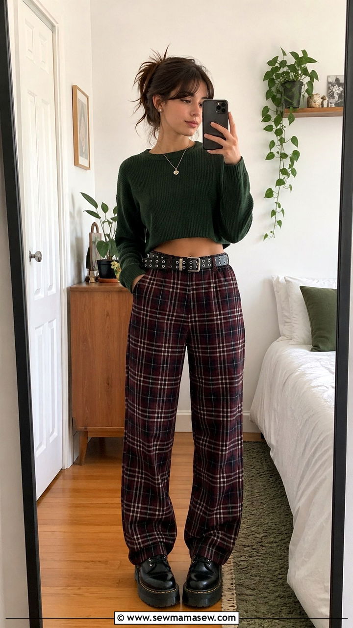 Cropped Sweater and Plaid Trousers Spring Outfit - 30 spring grunge outfits