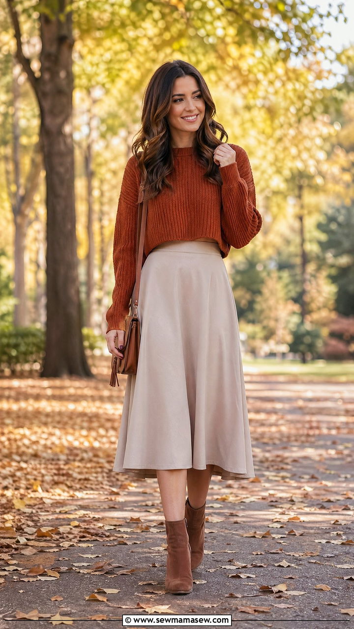 Cropped Sweater with A Line Midi Skirt - 35 Cropped sweater outfit ideas