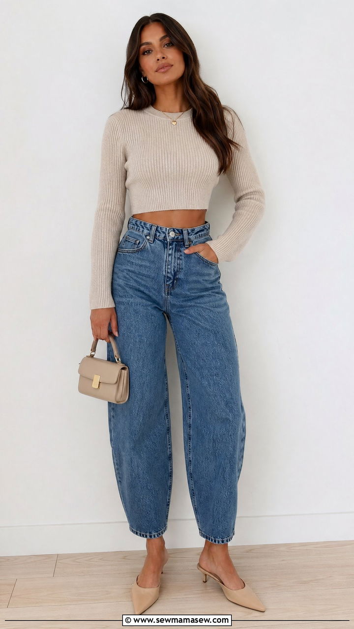 Cropped Sweater with Barrel Jeans - 35 Cropped sweater outfit ideas
