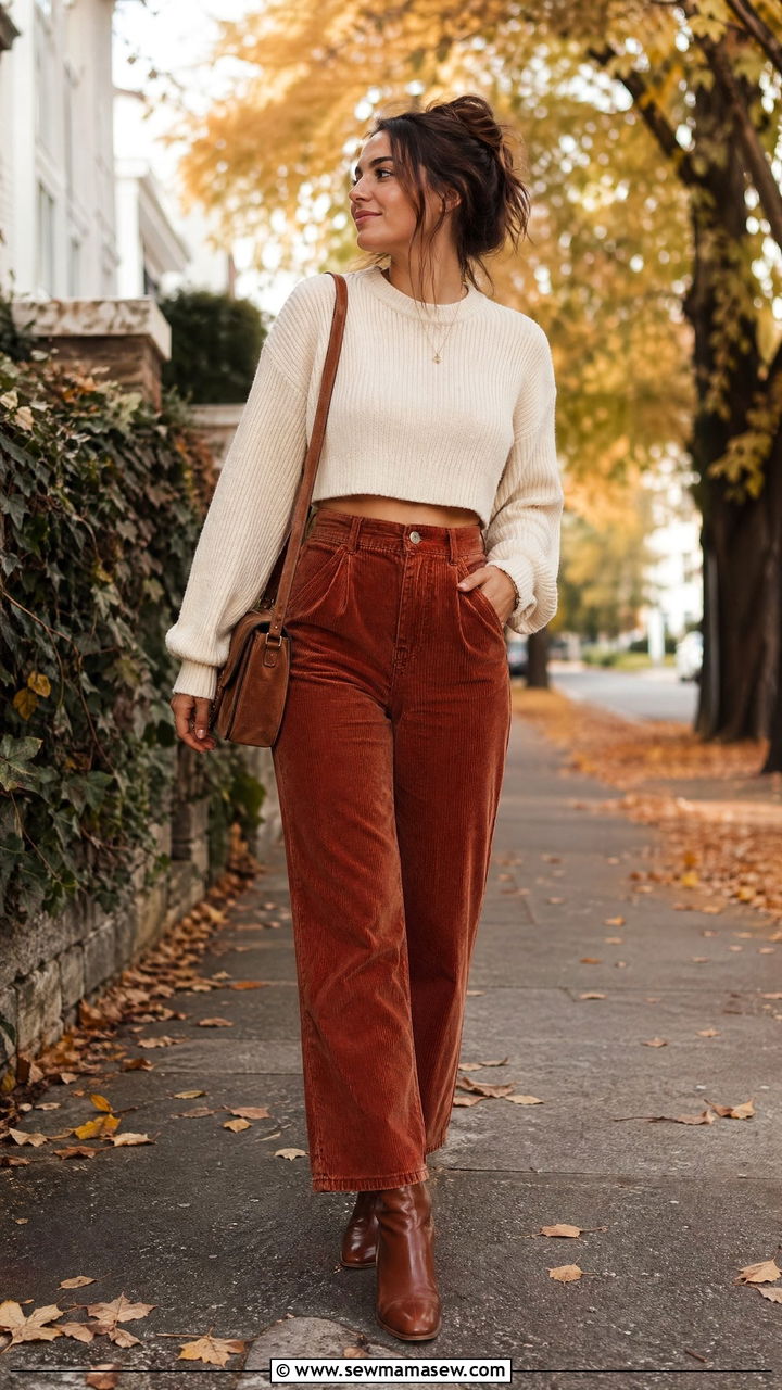 Cropped Sweater with Corduroy Pants - 35 Cropped sweater outfit ideas