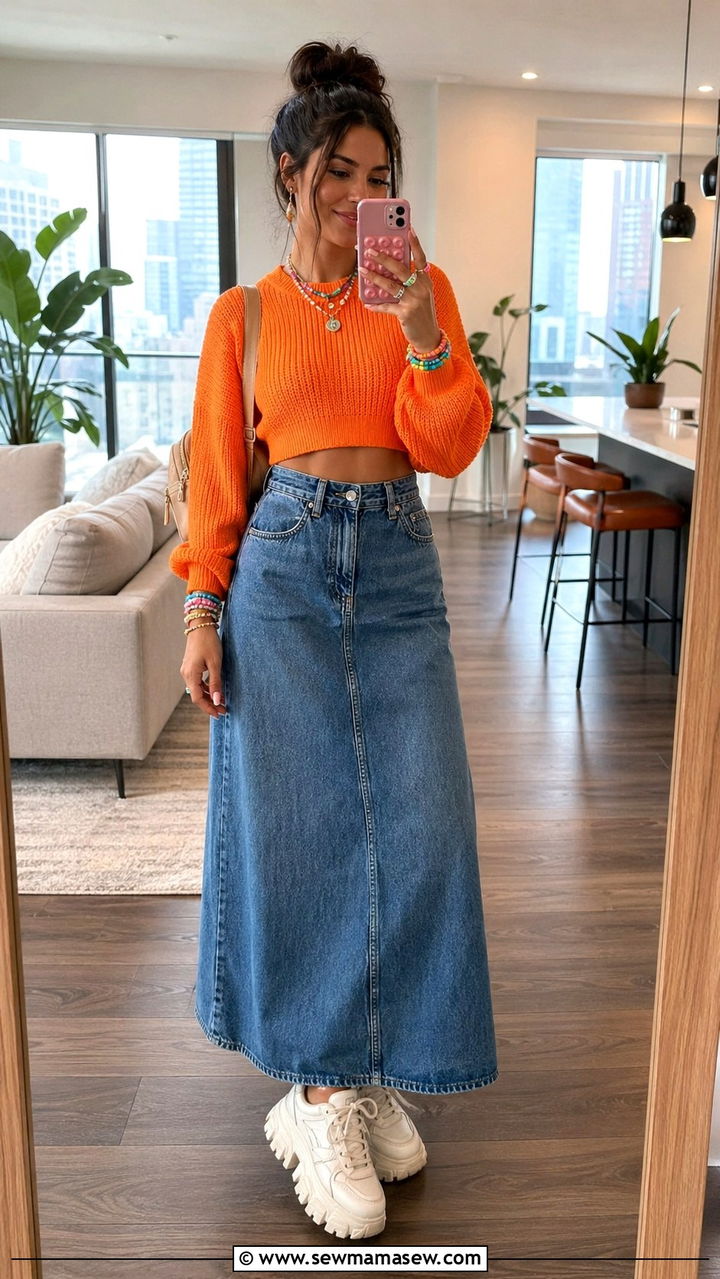 Cropped Sweater with Denim Maxi Skirt and Platform Sneakers - 30 spring denim maxi skirt outfit ideas