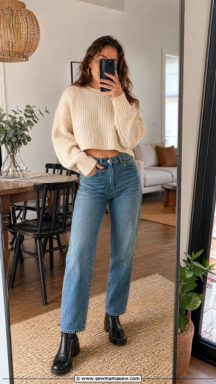 Cropped Sweater with High Waisted Straight Leg Jeans - 35 straight leg jeans outfit ideas for women