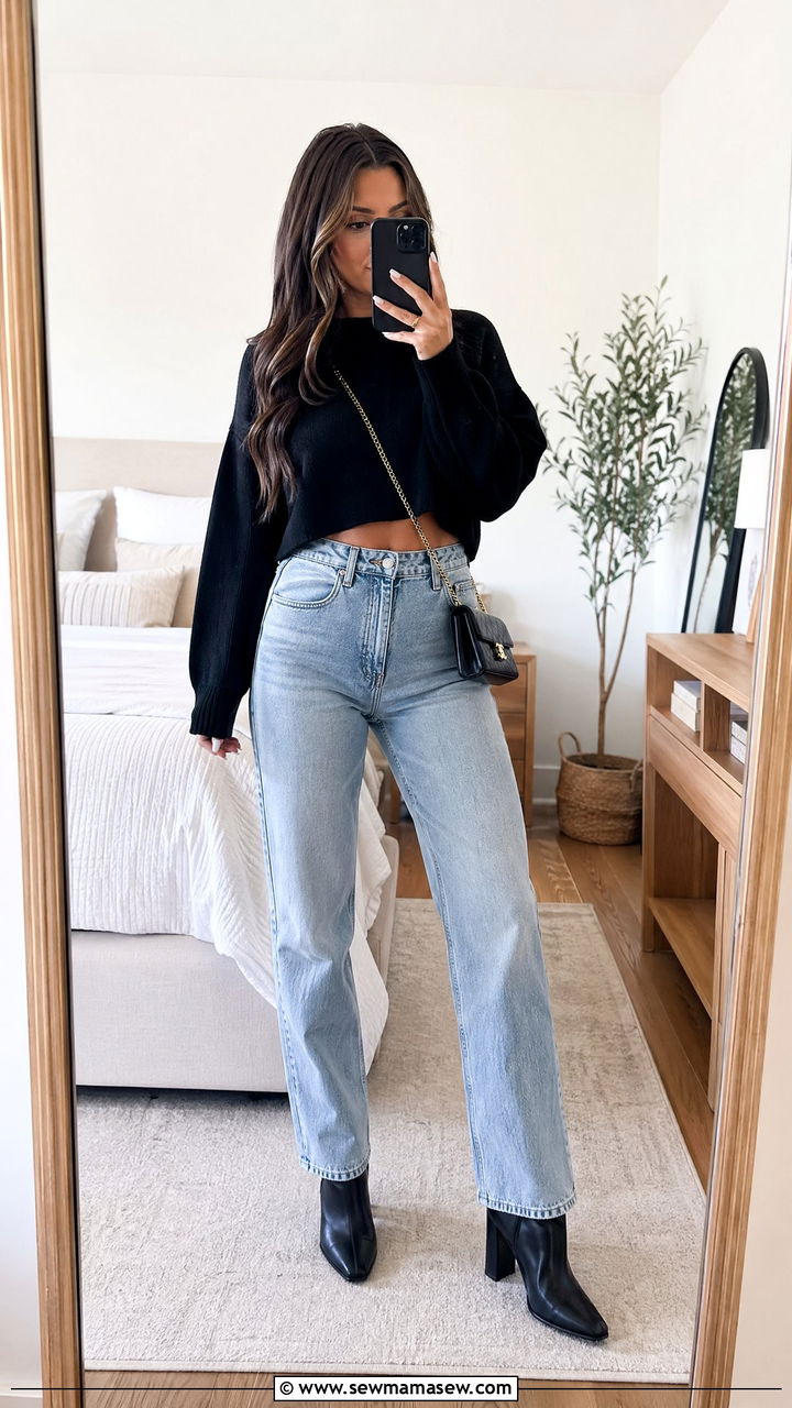 Cropped Sweater with High Waisted Straight Leg Jeans - 35 casual straight leg jeans outfits