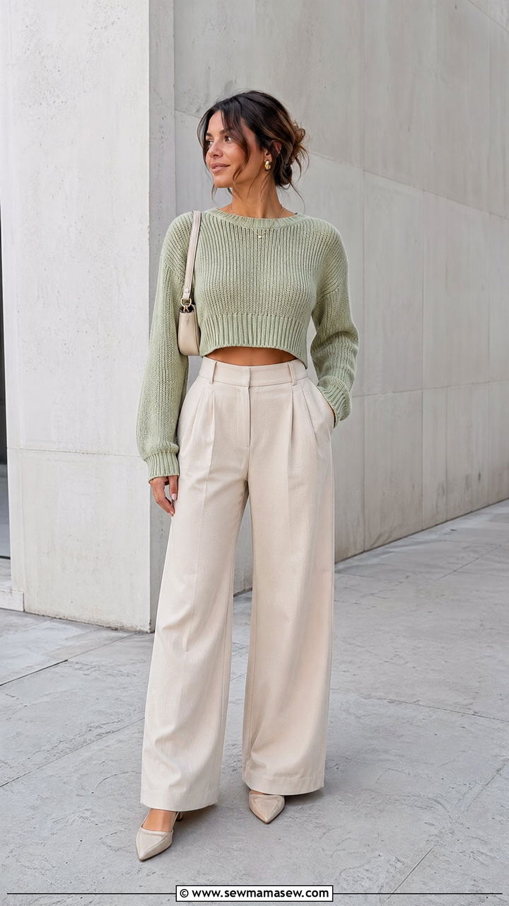 Cropped Sweater with High Waisted Trousers - 35 transitional outfits casual