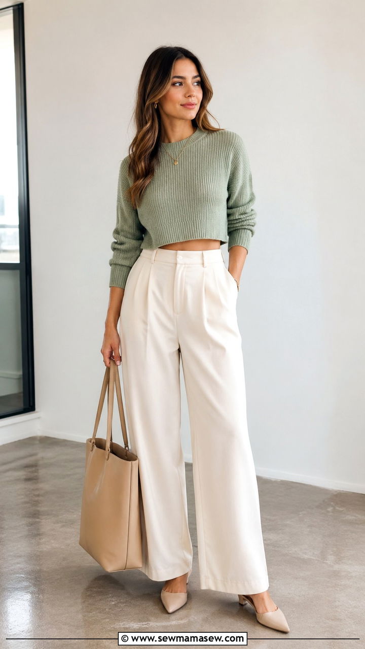 Cropped Sweater with High Waisted Wide Leg Trousers - 30 spring light sweater outfit ideas
