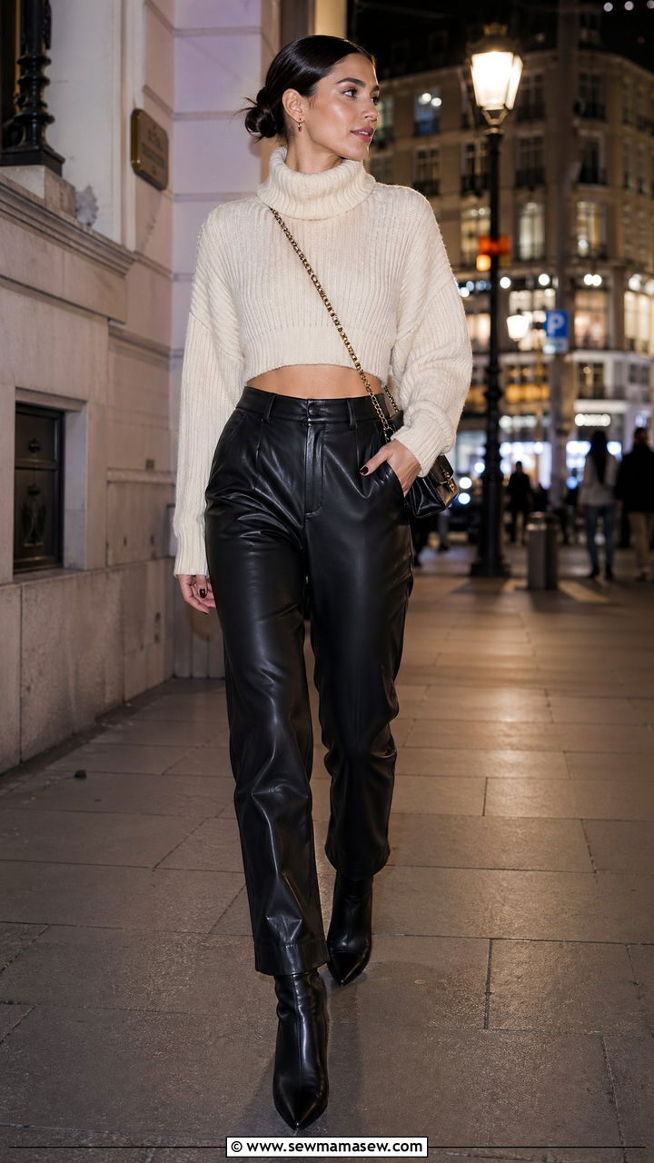 Cropped Sweater with Leather Pants - 35 Cropped sweater outfit ideas