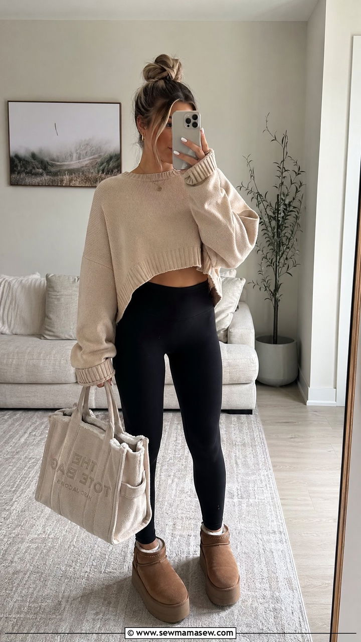 Cropped Sweater with Leggings - 35 Cropped sweater outfit ideas