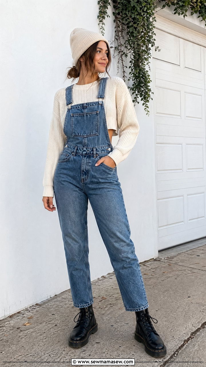Cropped Sweater with Overalls - 35 Cropped sweater outfit ideas