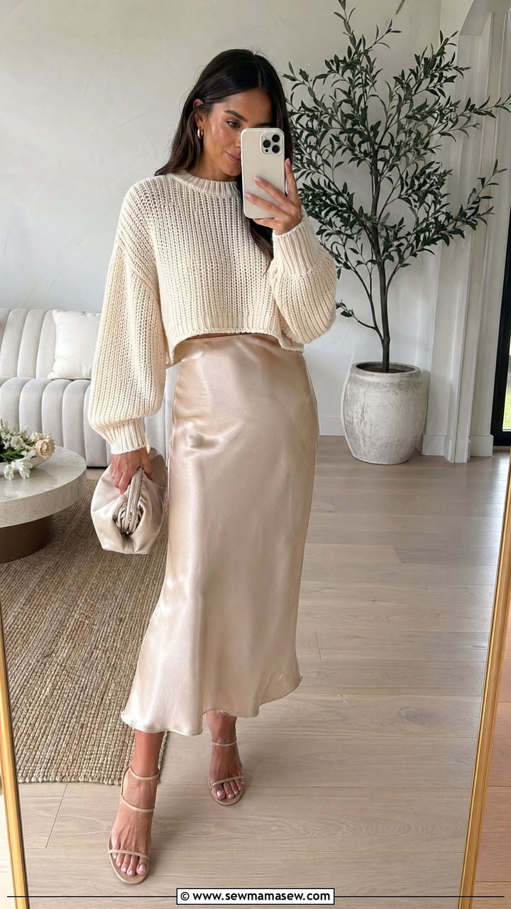 Cropped Sweater with Satin Midi Skirt - 35 Cropped sweater outfit ideas