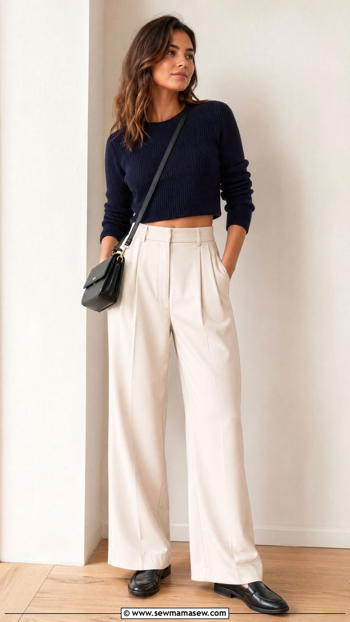 Cropped Sweater with Wide Leg Trousers and Loafers - 35 Cropped sweater outfit ideas
