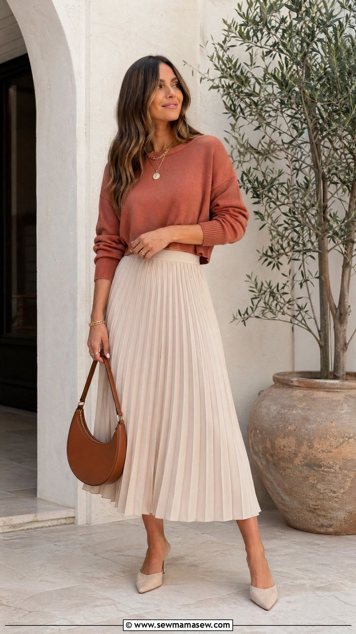 Cropped Sweater with a Pleated Midi Skirt - 35 Summer transition outfits for women
