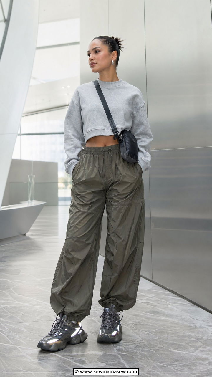 Cropped Sweatshirt with Parachute Pants and Futuristic Sneakers Outfit - 35 sporty chic outfits