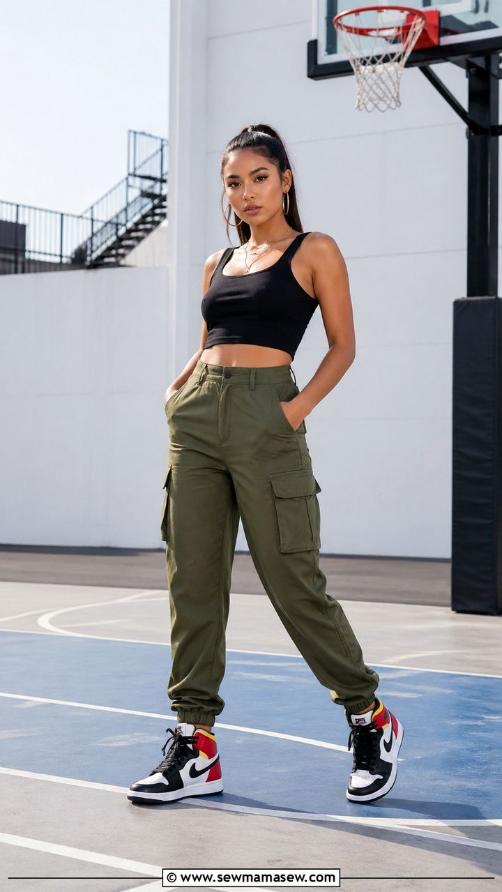 Cropped Tank Top with Cargo Pants and Statement Sneakers - 30 spring edgy outfit ideas