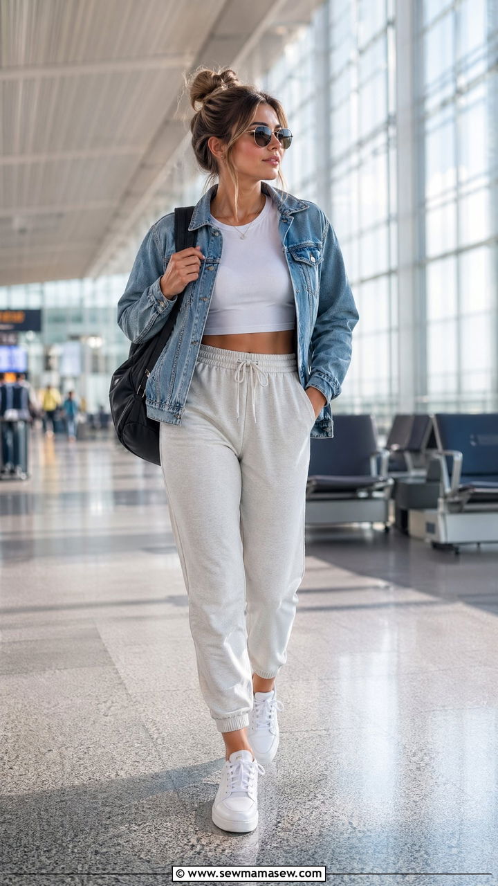Cropped Tee Joggers and Denim Jacket Airport Outfit - 35 Sporty chic outfit ideas for airport