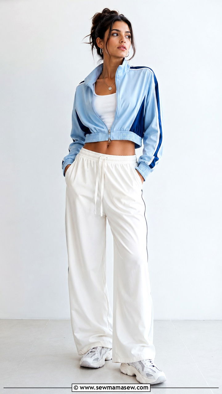 Cropped Track Jacket with Wide Leg Pants and Trainers - 30 Sporty summer outfit ideas