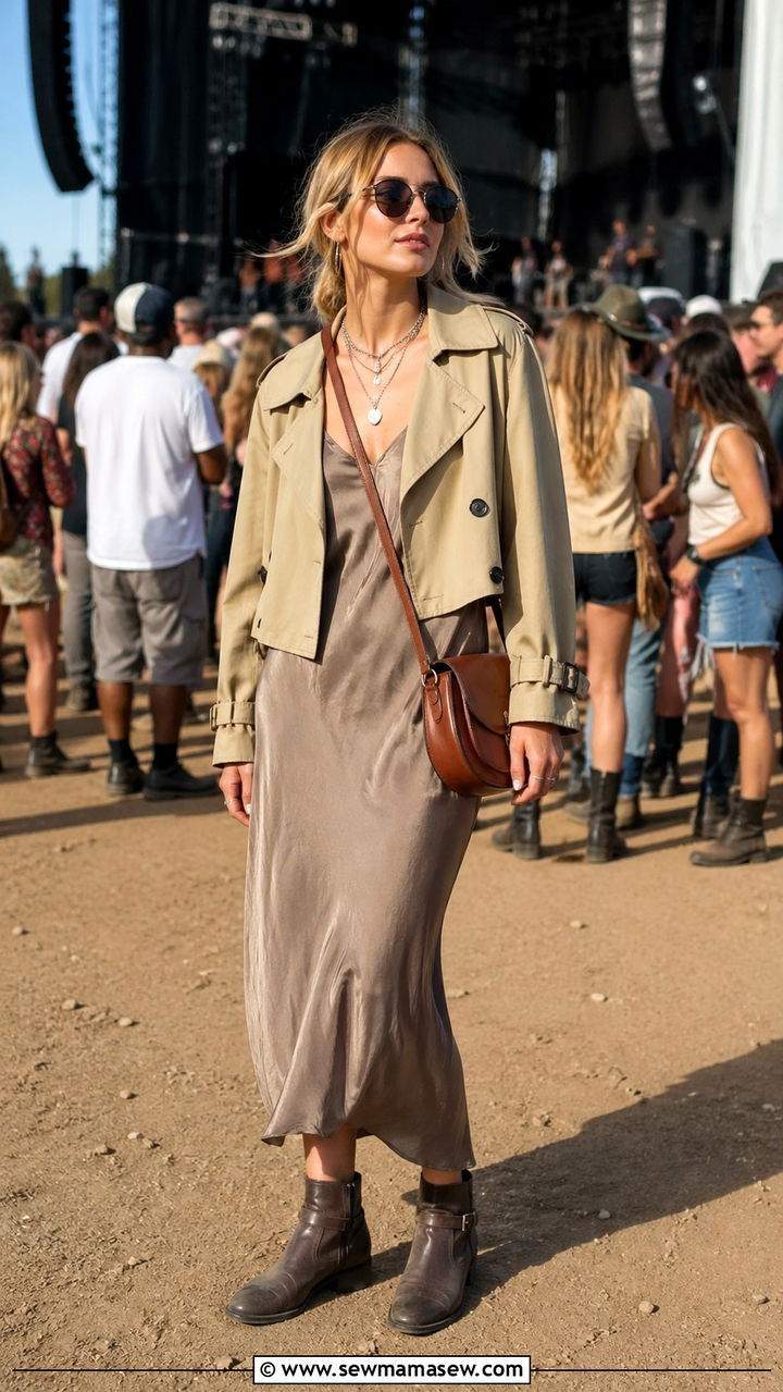 Cropped Trench Coat Over a Slip Dress With Ankle Boots for a Spring Concert - 30 Spring outdoor outfits