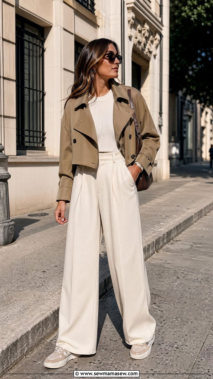 Cropped Trench Coat With High Waisted Wide Leg Trousers - 35 cute trench coat outfits