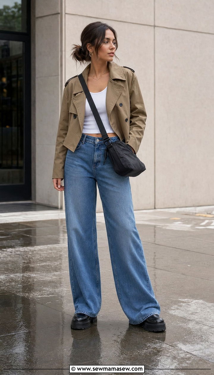 Cropped Trench Coat With Wide Leg Jeans Outfit - 35 Rainy spring outfits