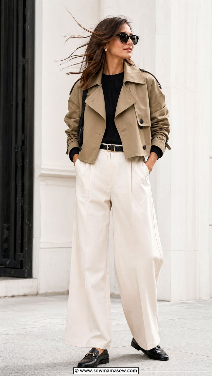 Cropped Trench Coat With Wide Leg Trousers And Loafers - 35 Windy spring outfits