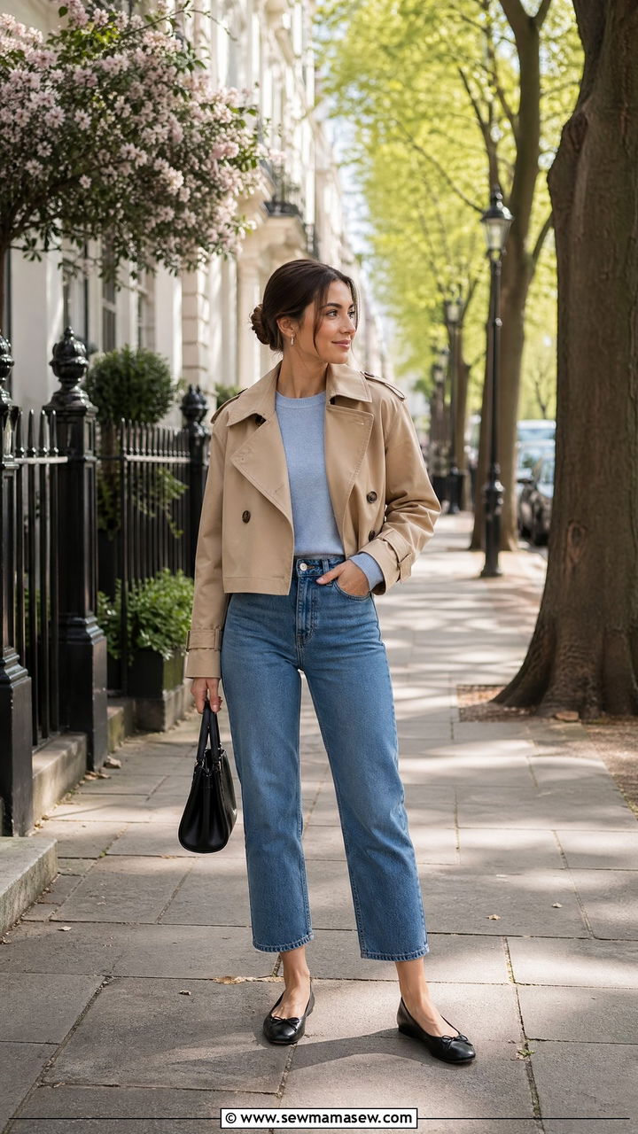 Cropped Trench Coat with Ballet Flats - 35 cropped trench outfits for women