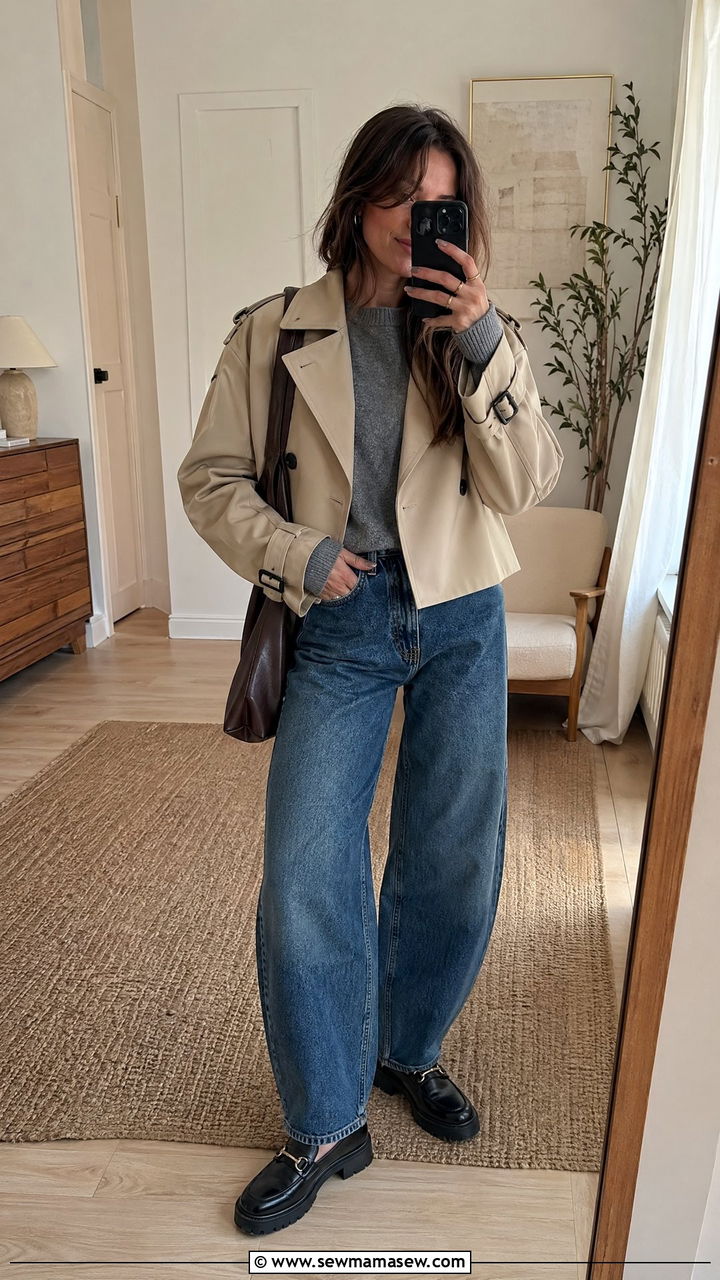 Cropped Trench Coat with Barrel Leg Jeans - 35 cropped trench outfits for women