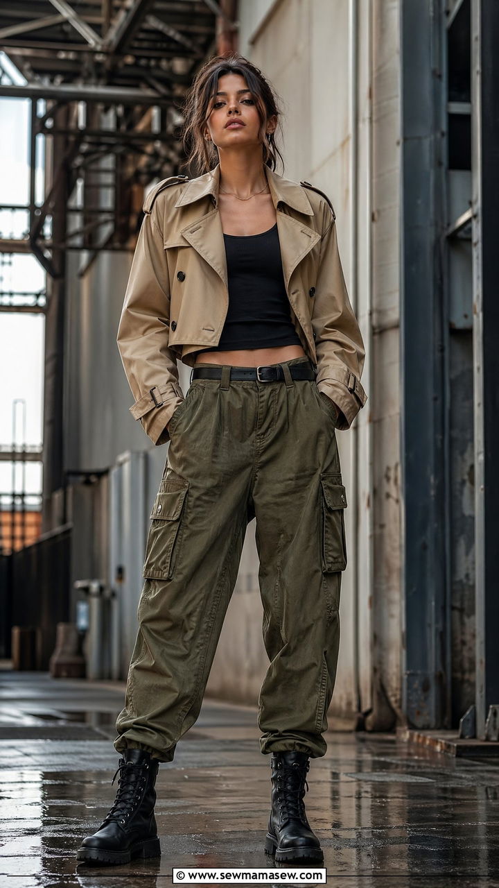 Cropped Trench Coat with Cargo Pants - 35 cropped trench outfits for women