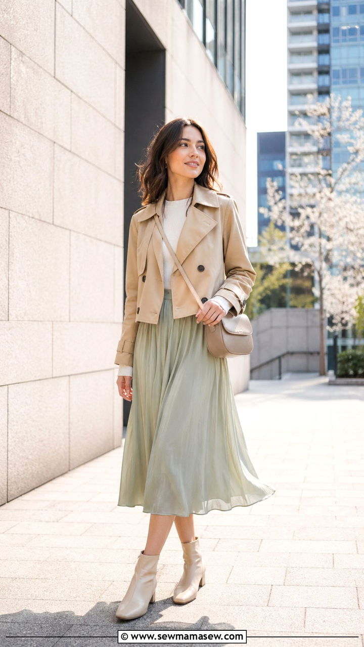 Cropped Trench Coat with Midi Skirt - 30 spring modest outfit ideas