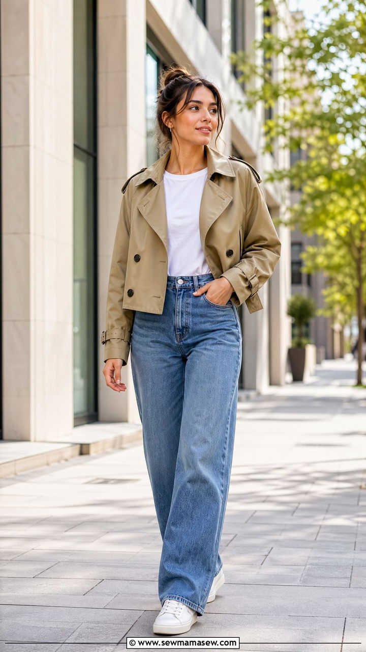 Cropped Trench Coat with Sneakers - 35 cropped trench outfits for women