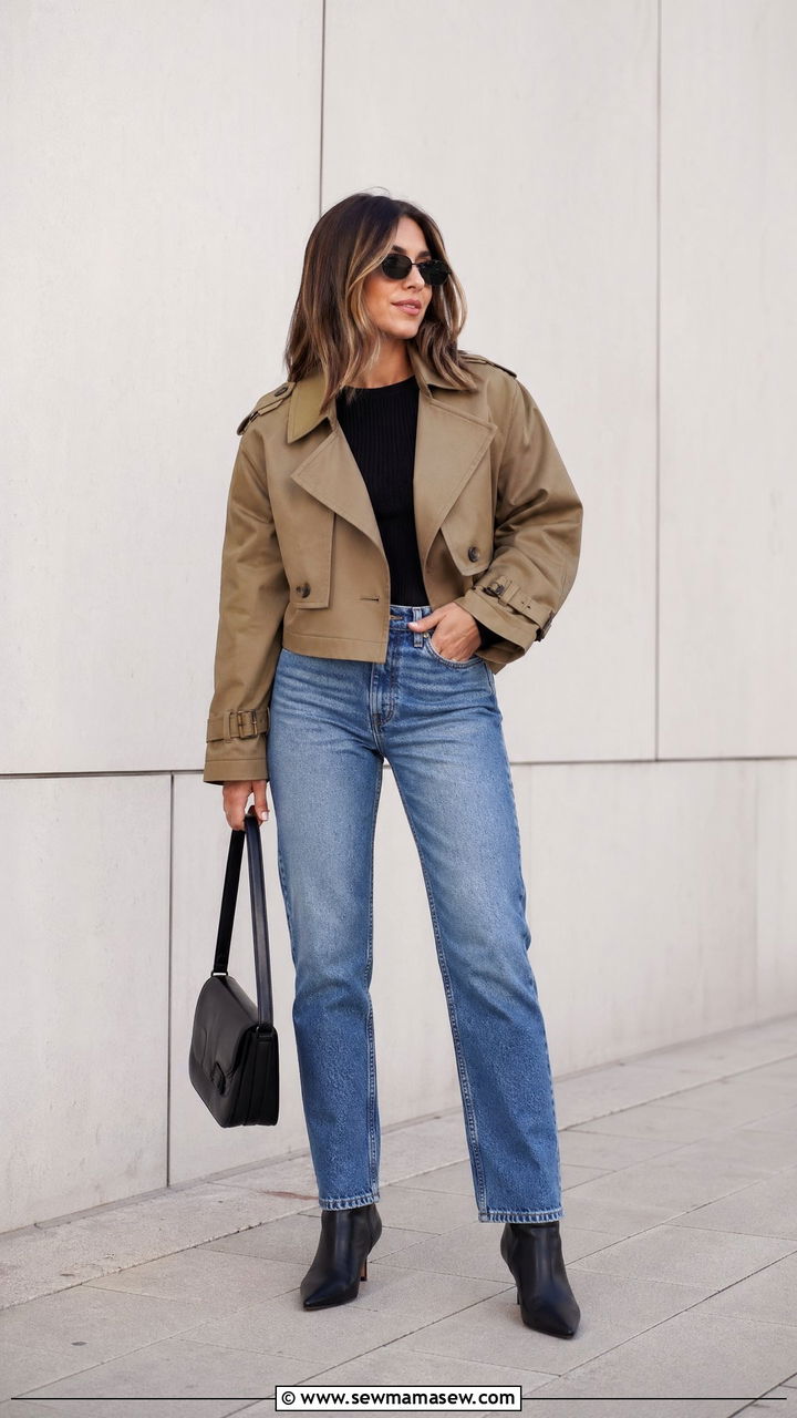 Cropped Trench Coat with Straight Leg Jeans - 35 cropped trench outfits for women