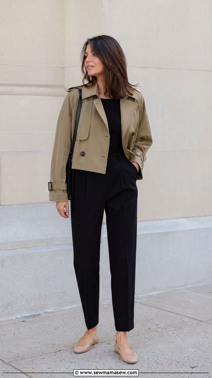 Cropped Trench Coat with Tailored Trousers and Ballet Flats - 35 spring elegant outfit ideas