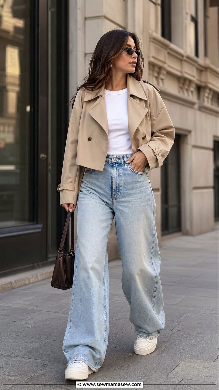 Cropped Trench Coat with Wide Leg Jeans - 35 cropped trench outfits for women