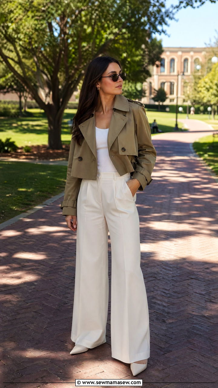 Cropped Trench Coat with Wide Leg Trousers - 35 Spring outfits for college
