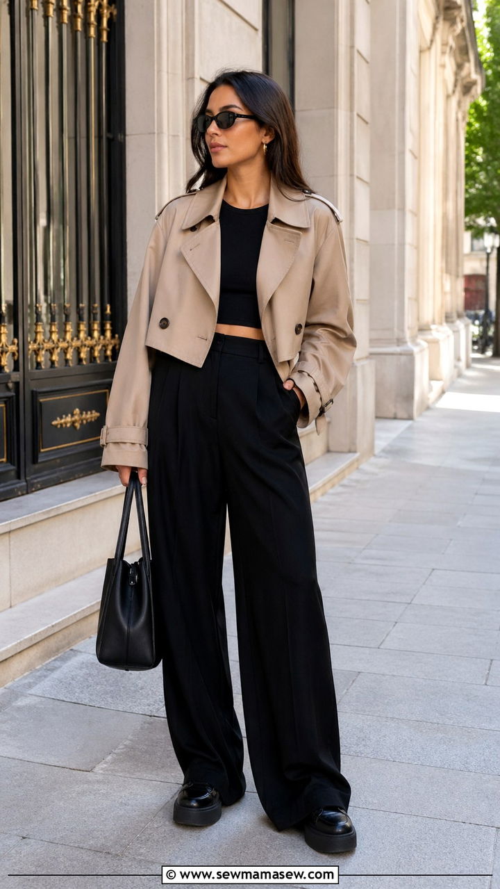 Cropped Trench Coat with Wide Leg Trousers and Platform Sneakers - 30 spring edgy outfit ideas