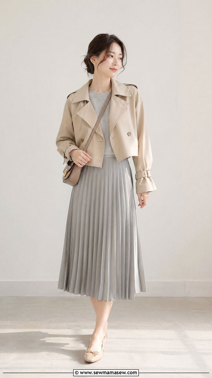 Cropped Trench Coat with a Pleated Skirt - 35 cropped trench outfits for women