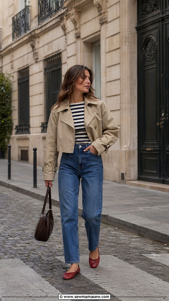 Cropped Trench Coat with a Striped Top - 35 cropped trench outfits for women